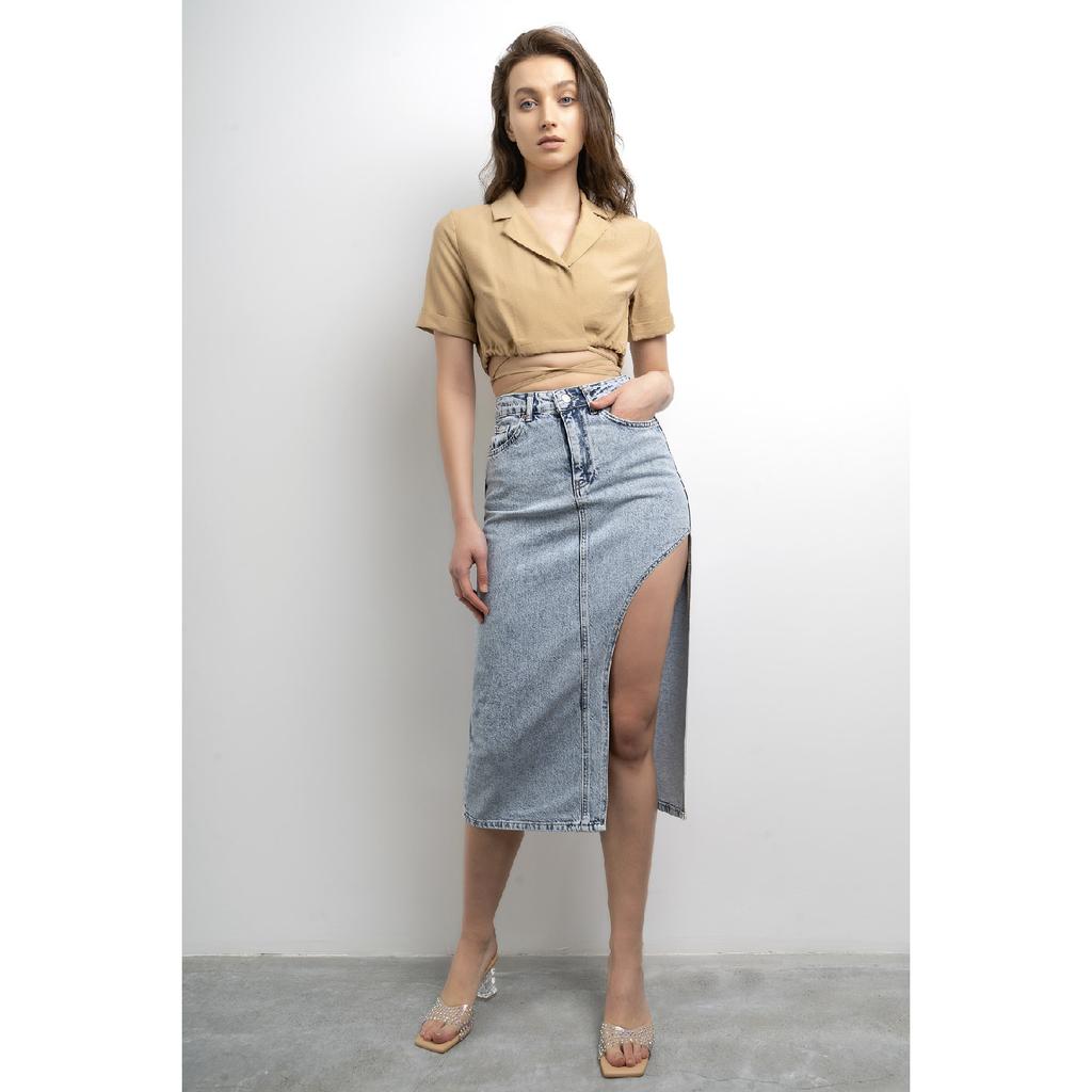Women's Blue Denim Color Long Denim Skirt With Deep Slit Detail On The Side