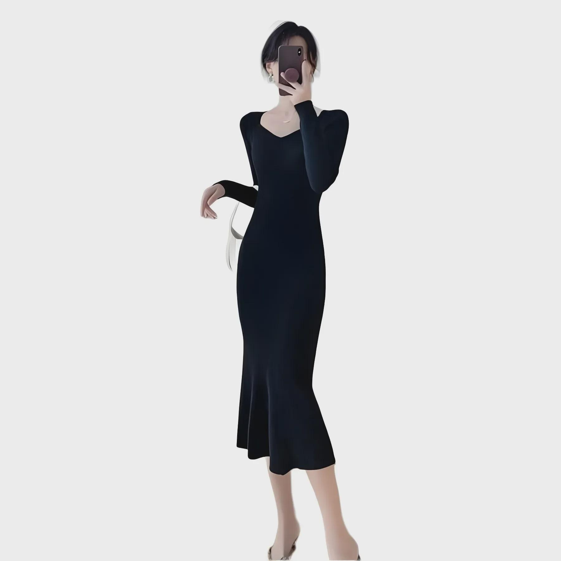 

Женское осенне-зимнее облегающее вязаное платье с французским квадратным вырезом, с кардиганом и юбкой «рыбий хвост» One Size чёрный