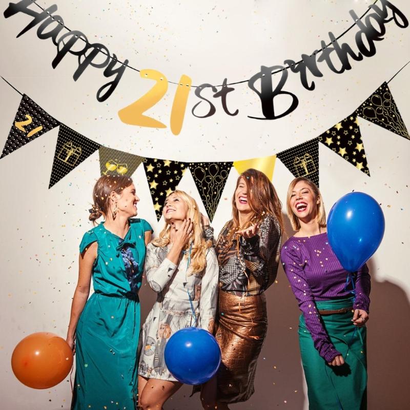 Birthday Balloons Set Black Gold Latex and Confettied Balloons Flags Banners for Men Party Decorations