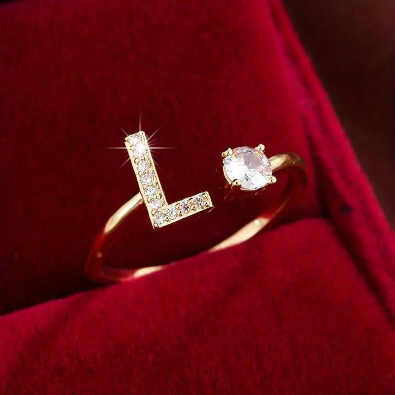 26 English Letter Micro-set Zircon Fashion Women's Ring, Copper-plated 14K Open Plain Ring