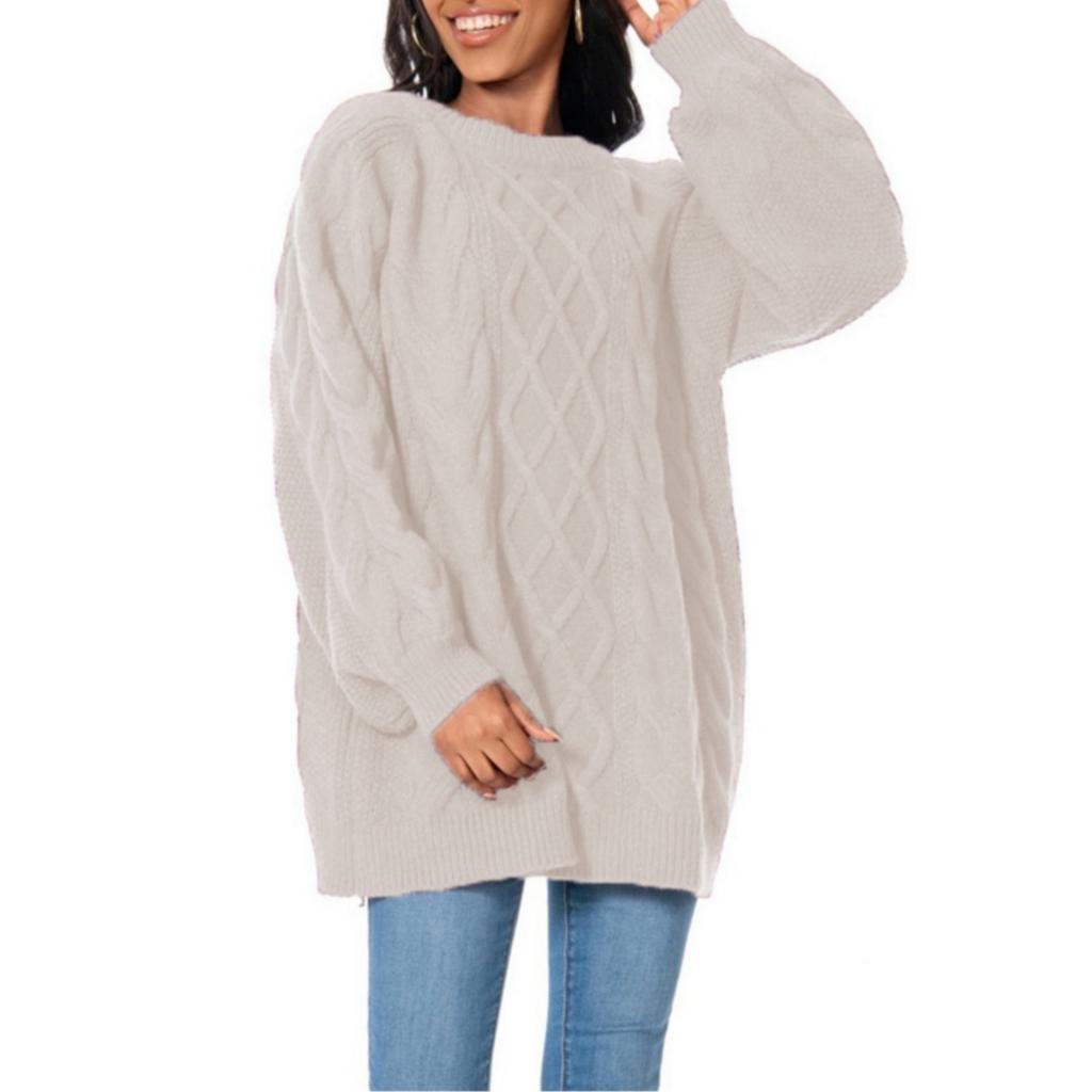 Fashionable Women's Thick-knit Pullover Round Neck Cable Sweater