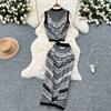Letní dámský vintage barokní potisk přehlídkový dvoudílný set pletený svetr pulovr tílko topy a bodycon pouzdrová sukně outfity