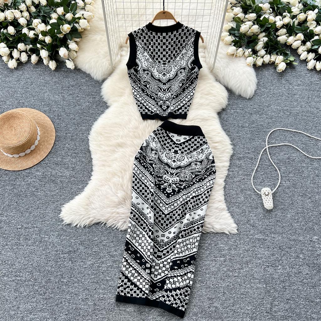 Letní dámský vintage barokní potisk přehlídkový dvoudílný set pletený svetr pulovr tílko topy a bodycon pouzdrová sukně outfity