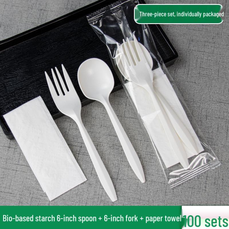 Eco-Friendly Disposable Starch Cutlery Set: Knife, Fork, Spoon - Individually Packaged 3-Piece Customizable Set.