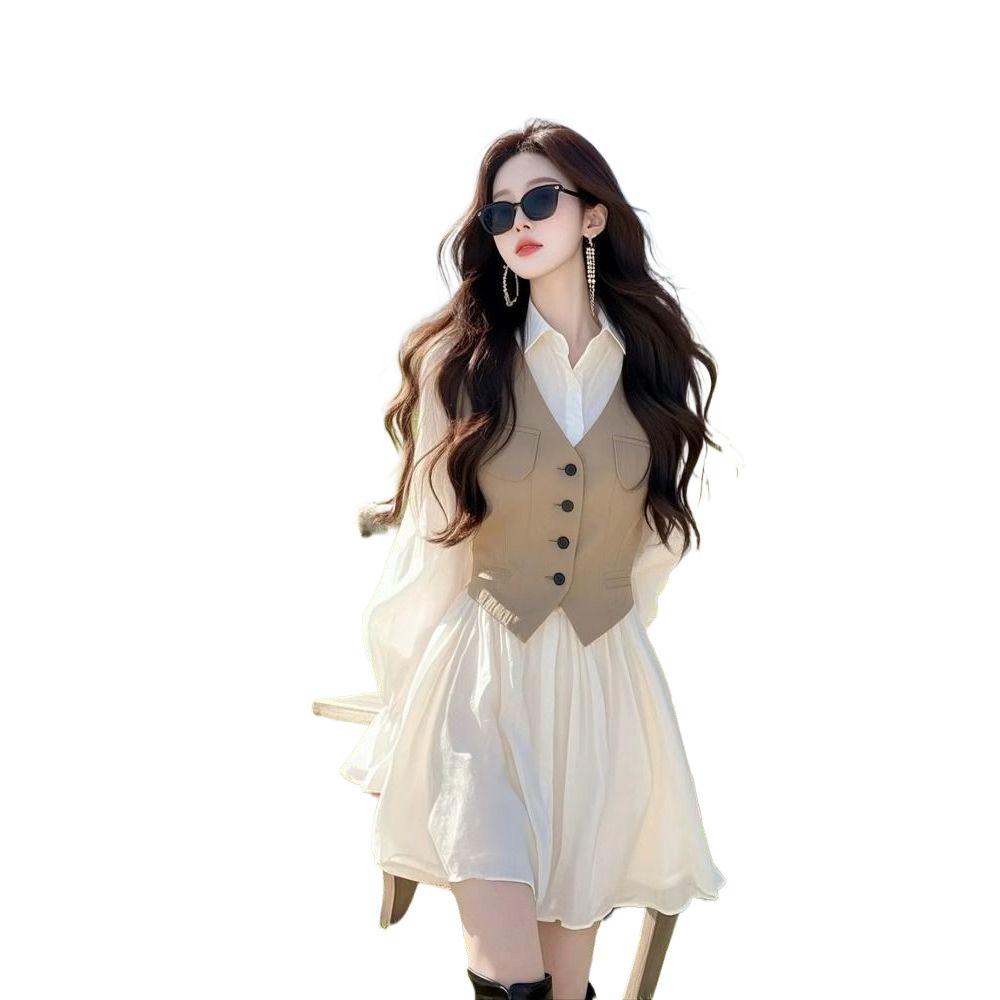2026 Spring/Autumn French Style Patchwork Shirt Dress - Waist-Cinched Slim Fit