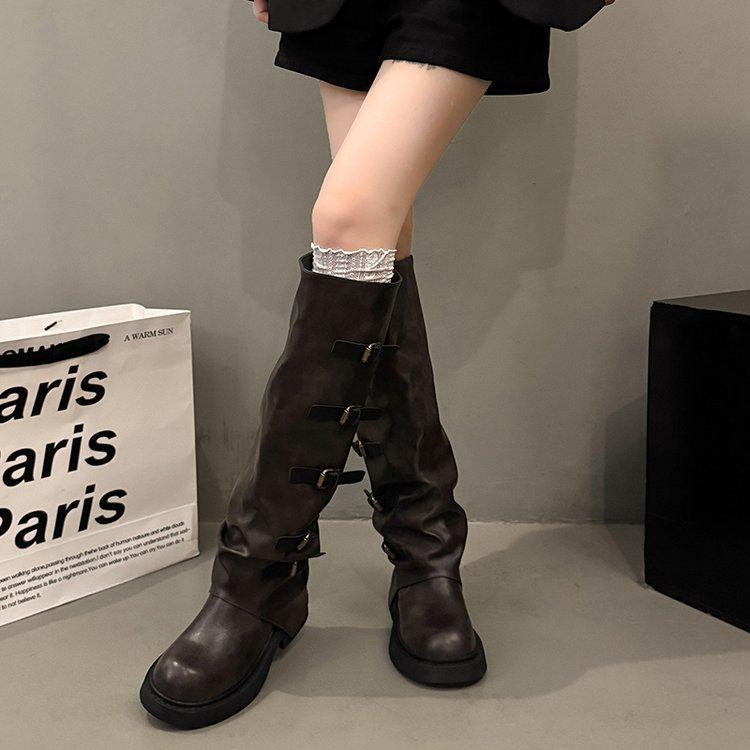 Maillard But Knee Boots Women's 2025 New Autumn Retro Stacking Pants Tube Boots Thick Heel Tall Knight Boots