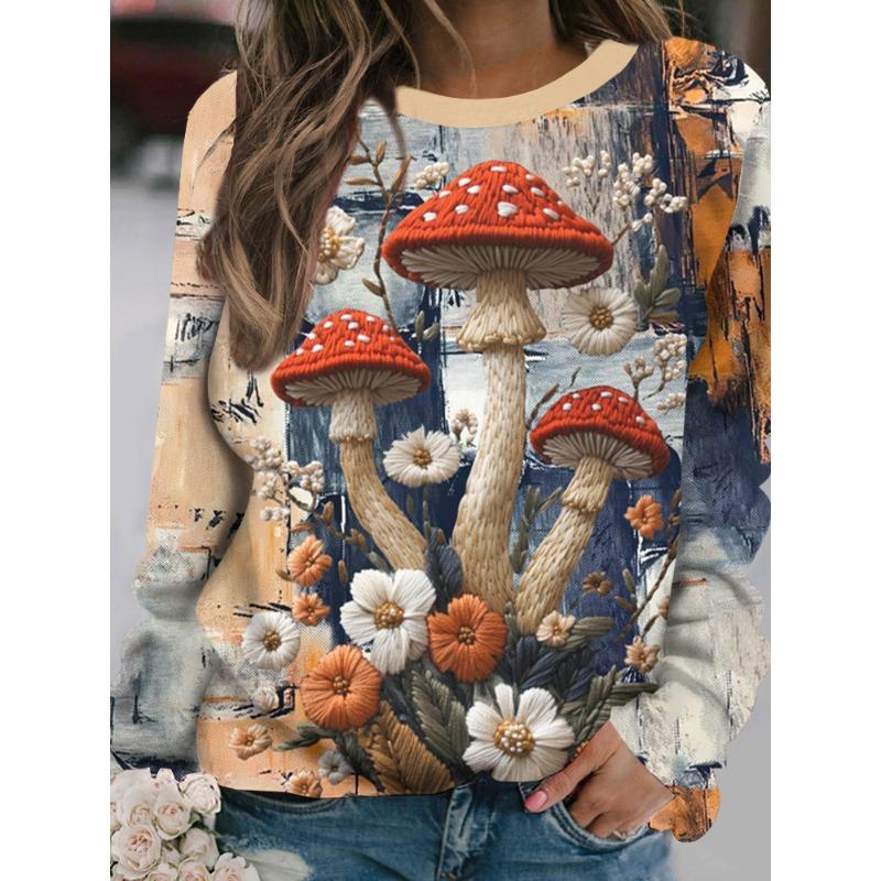 

Женская футболка с длинным рукавом с мультяшным узором, свободного кроя, повседневный топ с длинным рукавом, принт грибов, оверсайз, женская одежда 5XL