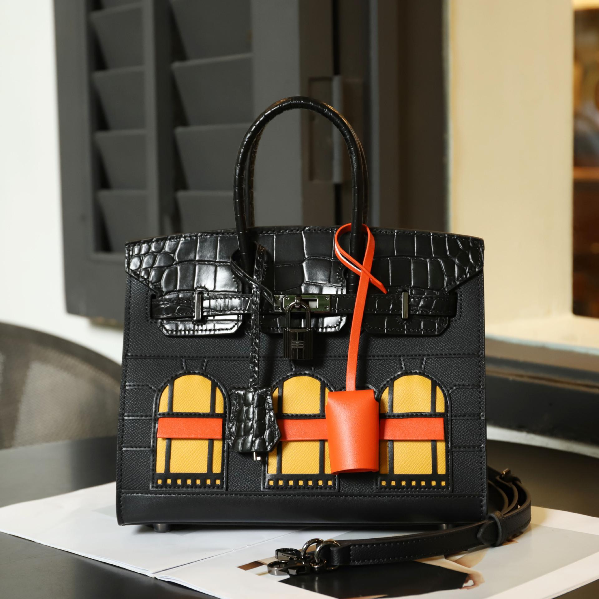 

Сумка из воловьей кожи крокодиловой кожи контрастного цвета через плечо, кожаная женская сумка для пожилых людей, сумка для дома, сумка через плечо 25x13x20cm чёрный