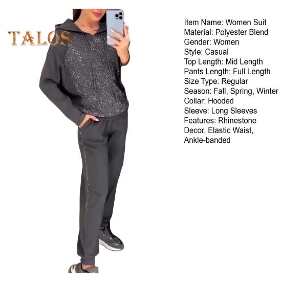 2 szt./zestaw damski bluza z kapturem spodnie garnitur kryształki dekoracyjne długie rękawy patchwork sportowa bluza spodnie z elastycznym pasem fitness strój jesień wiosna dres