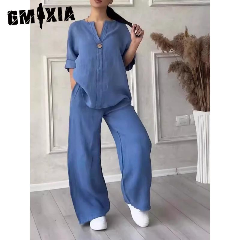 

GMXIA Fashion Женский Удобный Свободный Топ Брюки с Широкими Штанинами Повседневный Костюм из Хлопка и Льна XXXXXL
