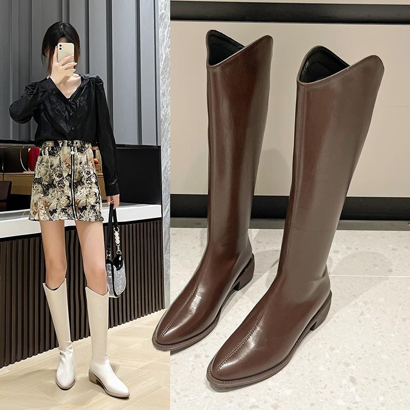 Black Pointed Toe Ladies Knee High Shaft Shoes Waterproof Women's Long Boots