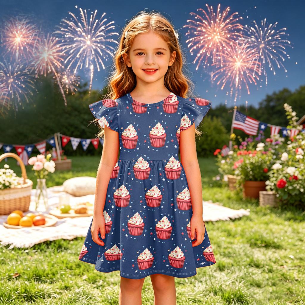 Girls Flutter Sleeve Dress Independence Day Themed Cupcake Print Spliced Skater Dress Toddler Kids Casual Party Dress