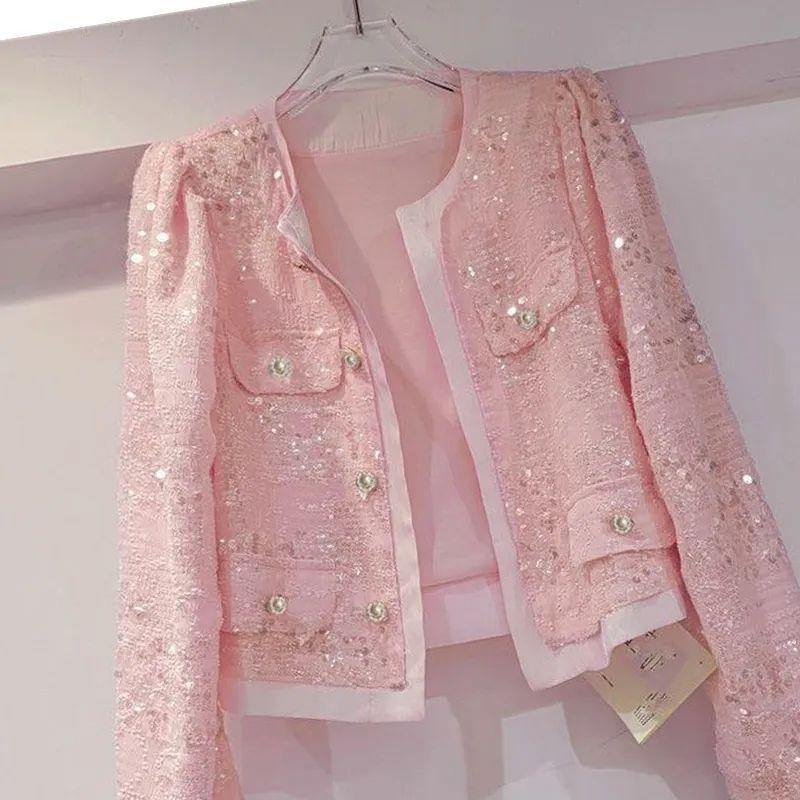 Women's Cardigan Splicing Sequin Jacket Outerwear Spring Female Long Sleeved Stylish Socialite Versatile Slim Jacket