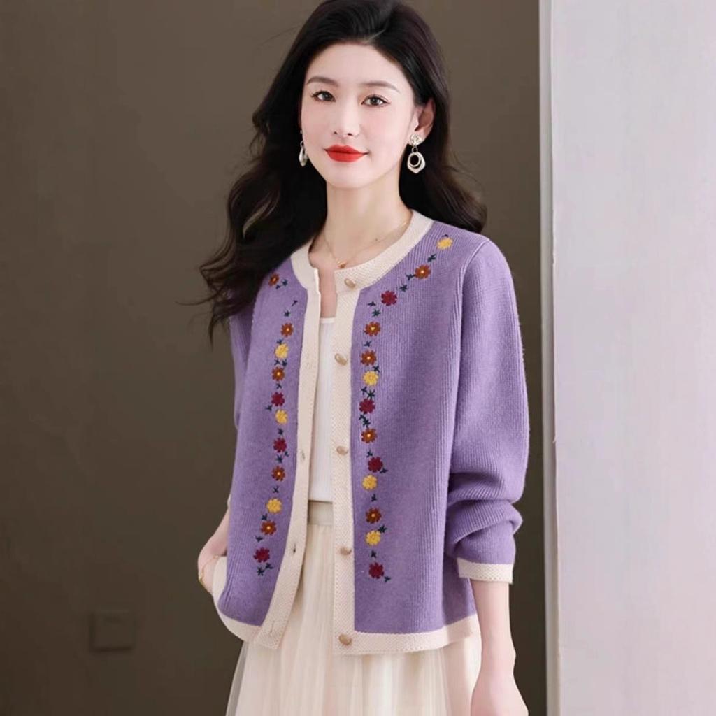 Patchwork Embroidered Knitted Cardigan for Women Solid Color Casual Sweater Coat Autumn and Winter Round-neck Top