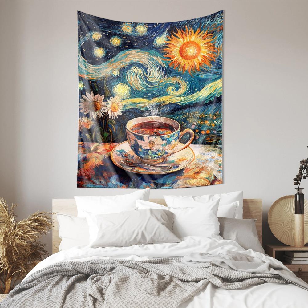 Van Gogh Style Coffee and Sunflowers Wall Hanging  Romantic Art Tapestry Under the Starry Sky