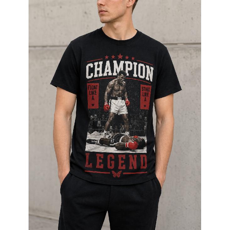 Men s Vintage Boxing Graphic Tee, Crew Neck Short Sleeve Cotton Blend, Champion Legend Print with Muhammad Ali Artwork, Casual Streetwear for Sports S чёрный
