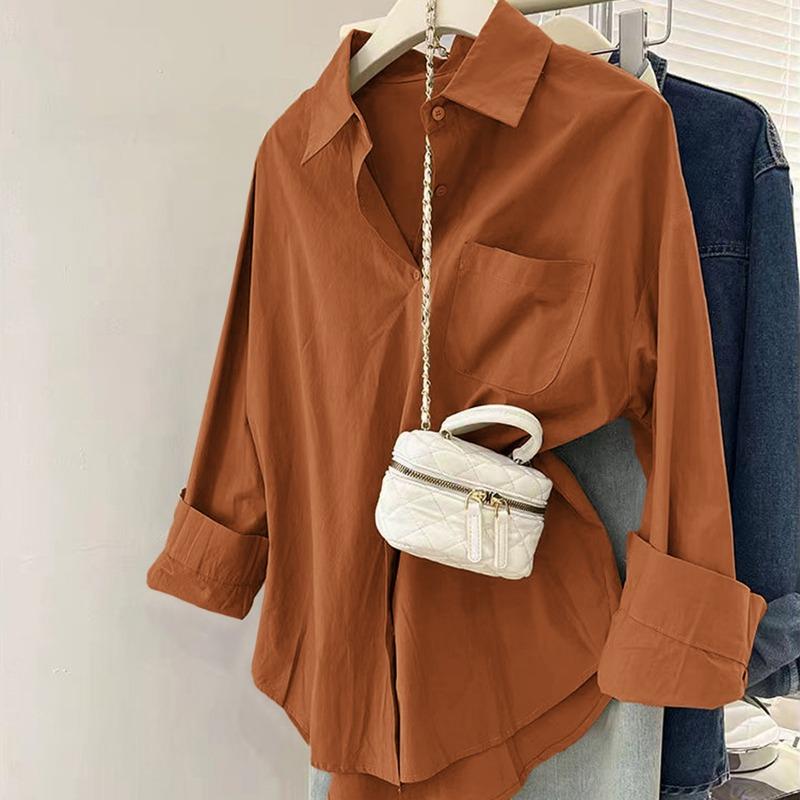Spring Autumn Polo-neck Solid Color Casual Fashion Cardigan Shirt Women Long Sleeve Simple All-match Blouse Top