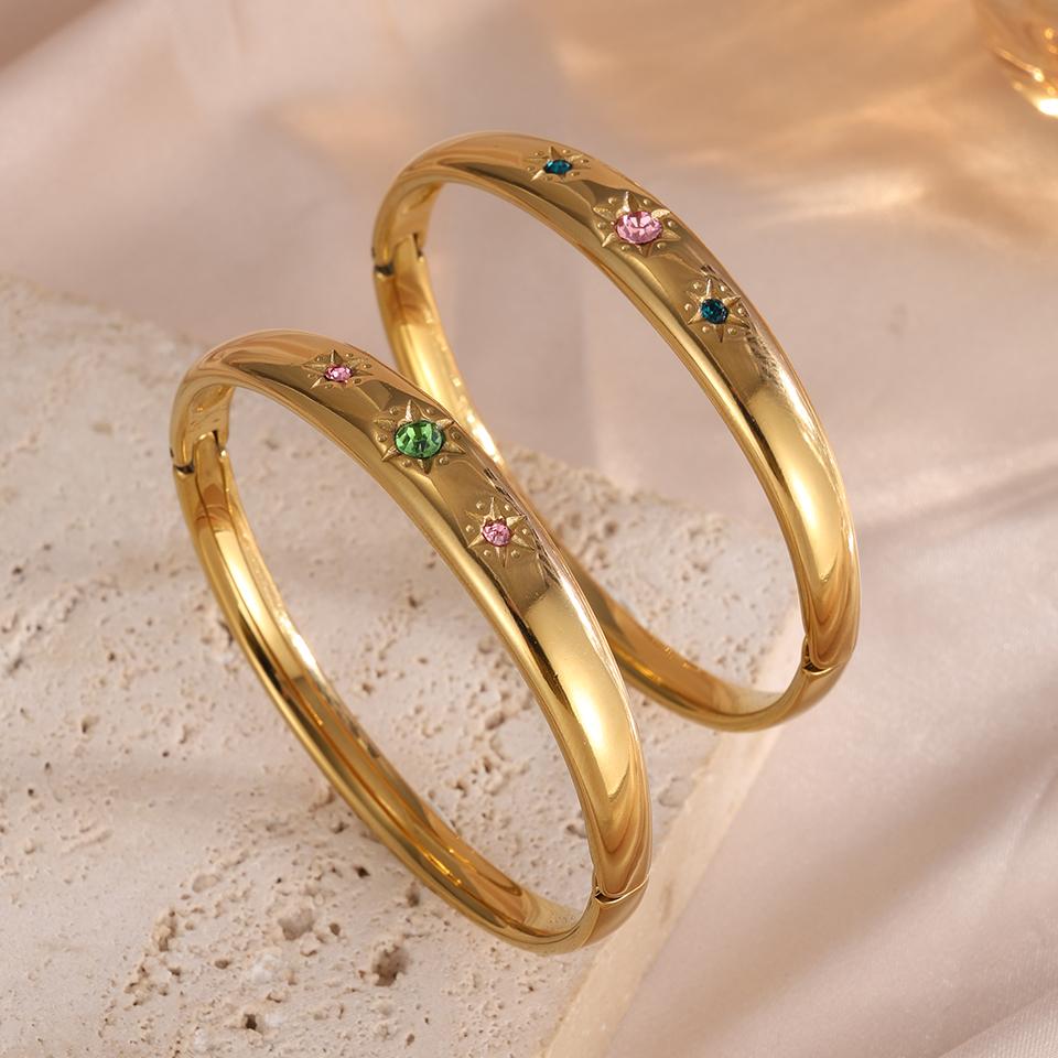 ZAKOL Lusso Acciaio Inossidabile Colore Oro 18K Bracciali Aperti Zirconi Colorati Intarsiati Affascinante Impermeabile Regalo Donna con Zirconi