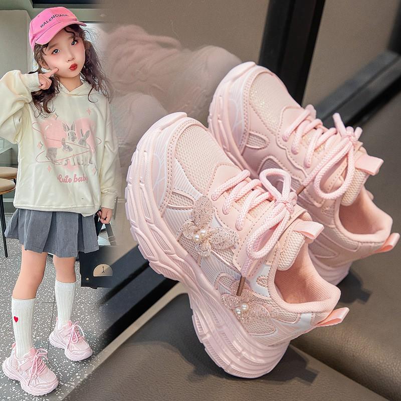 Girls Casual Sneakers With Bow Detail Mesh Upper Lightweight Non-Slip Sport Shoes Kids Ages 4-12