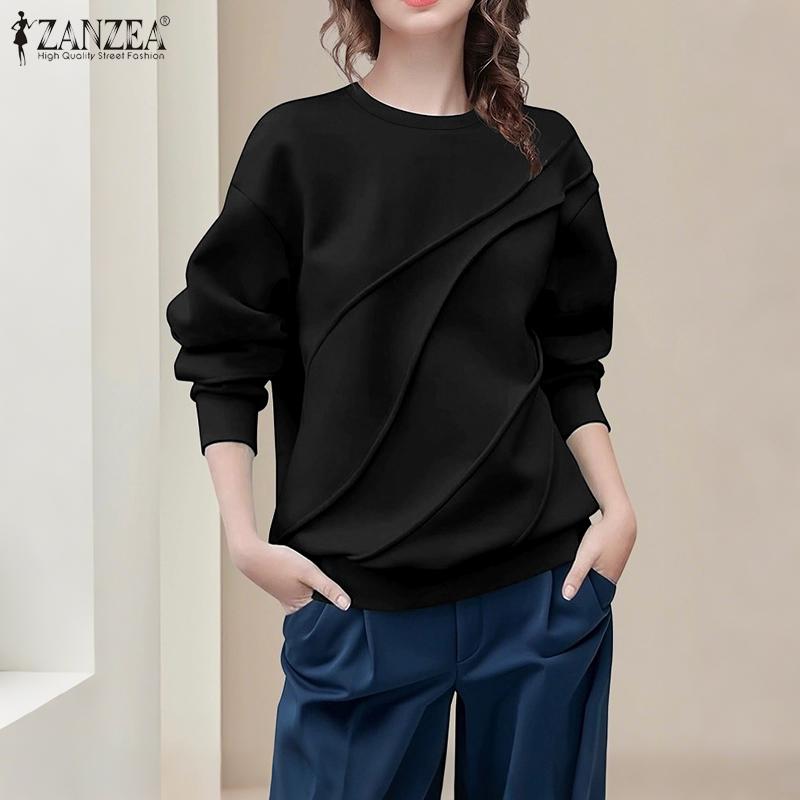 ZANZEA Women Casual Round Neck Loose Autumn Long Sleeve Blouse