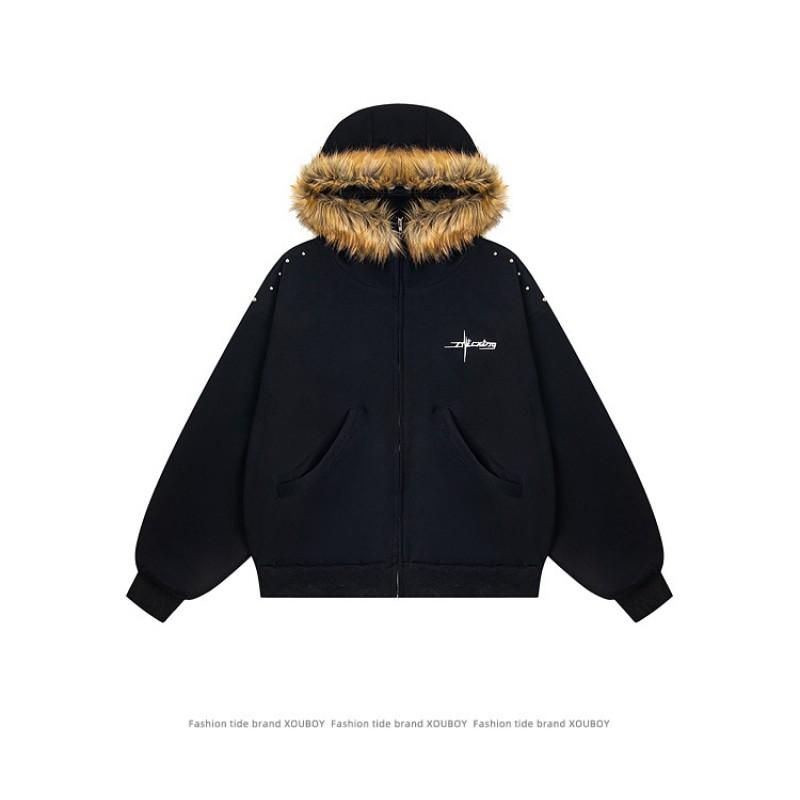 Unisex Oversized Hooded Zip-Up Sweatshirt With Faux Fur Trim Casual Winter Streetwear Top
