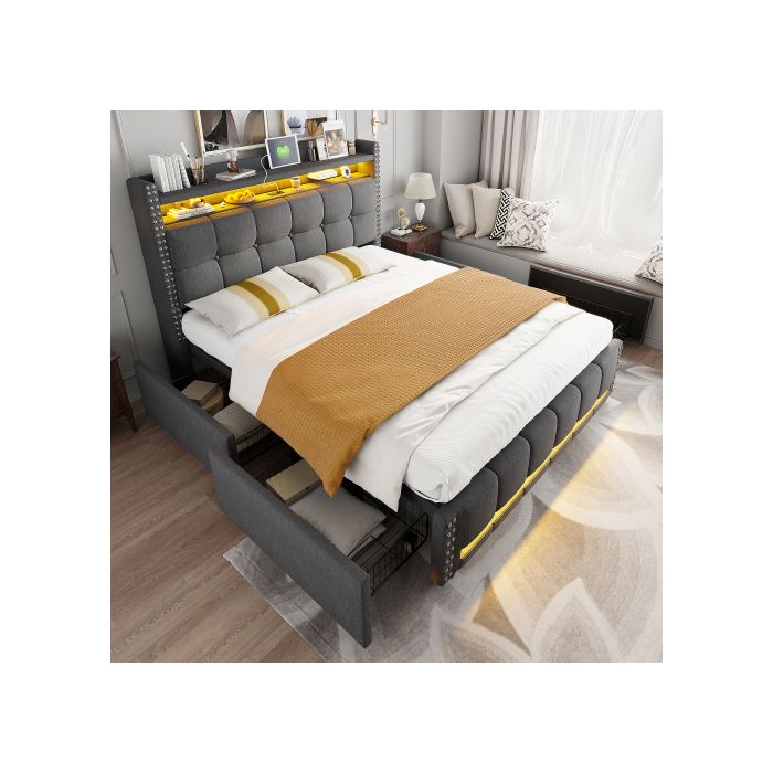 Lit rembourré - MUVOE - 140x200 cm - Éclairage LED - Prise USB - 4 tiroirs de rangement