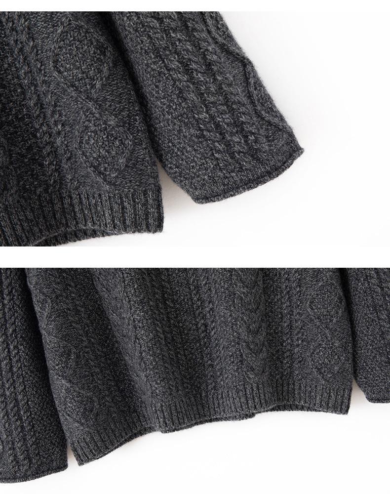 Women's Retro Cable Knit Cashmere Sweater – Round Neck, Rolled Hem, Thick, Loose, and Cozy for Autumn and Winter.