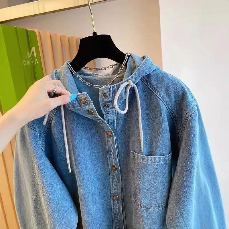 Women Spring Autumn Solid Retro Matakawa Denim Shirts&blouses Hooded Blusas Mujer Korean Casual Camisas