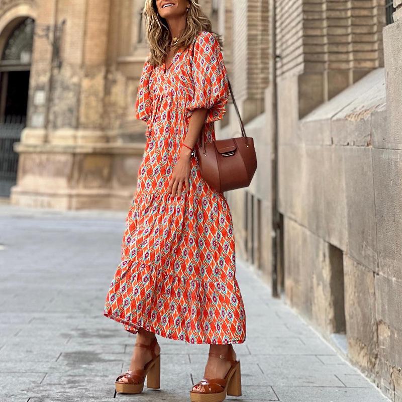 Bohemian Lantern Sleeve Long Print Dress with Large Hem for Women