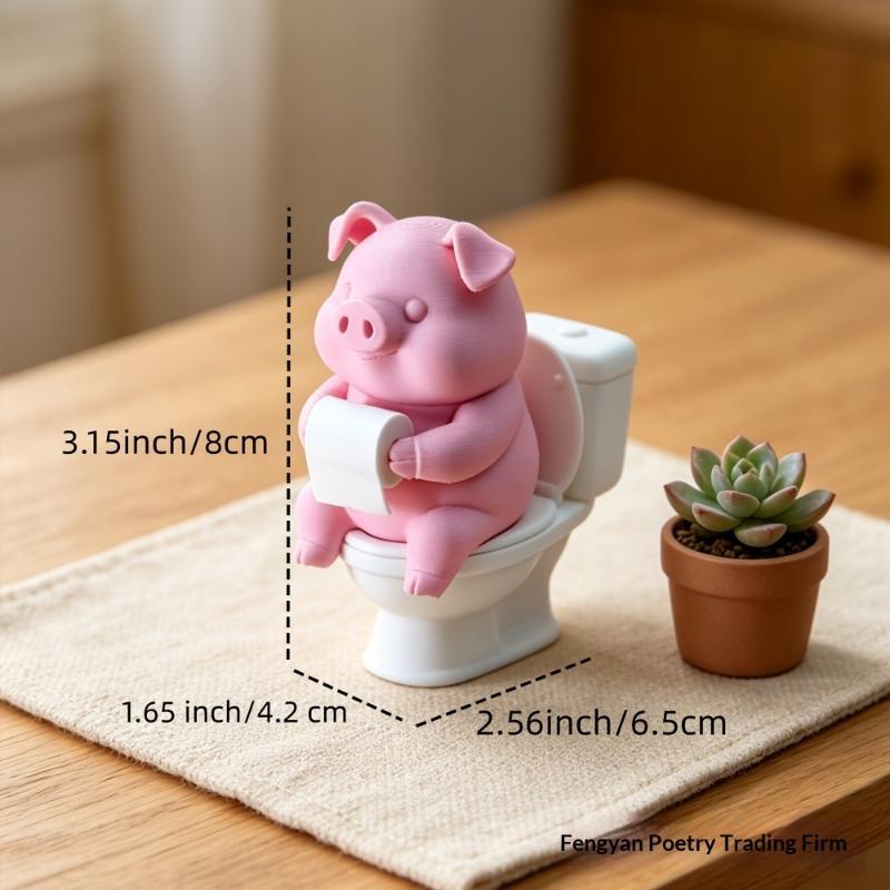 Cute Pig On Toilet Statue Bathroom Decor Wall Mounted Or Tabletop Piggy Figurine For Home Office Desk Shelf Father'S Day Gift
