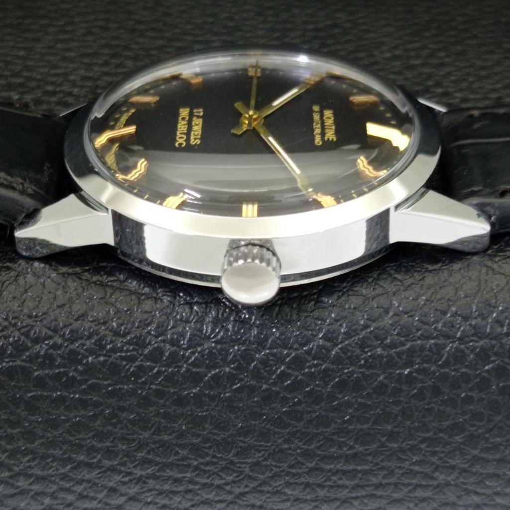 VINTAGE MONTINE rankinio užvedimo ŠVEICARIŠKAS VYRIŠKAS ATNAUJINTAS JUODAS Ciferblatas LAIKRODIS a441063-1