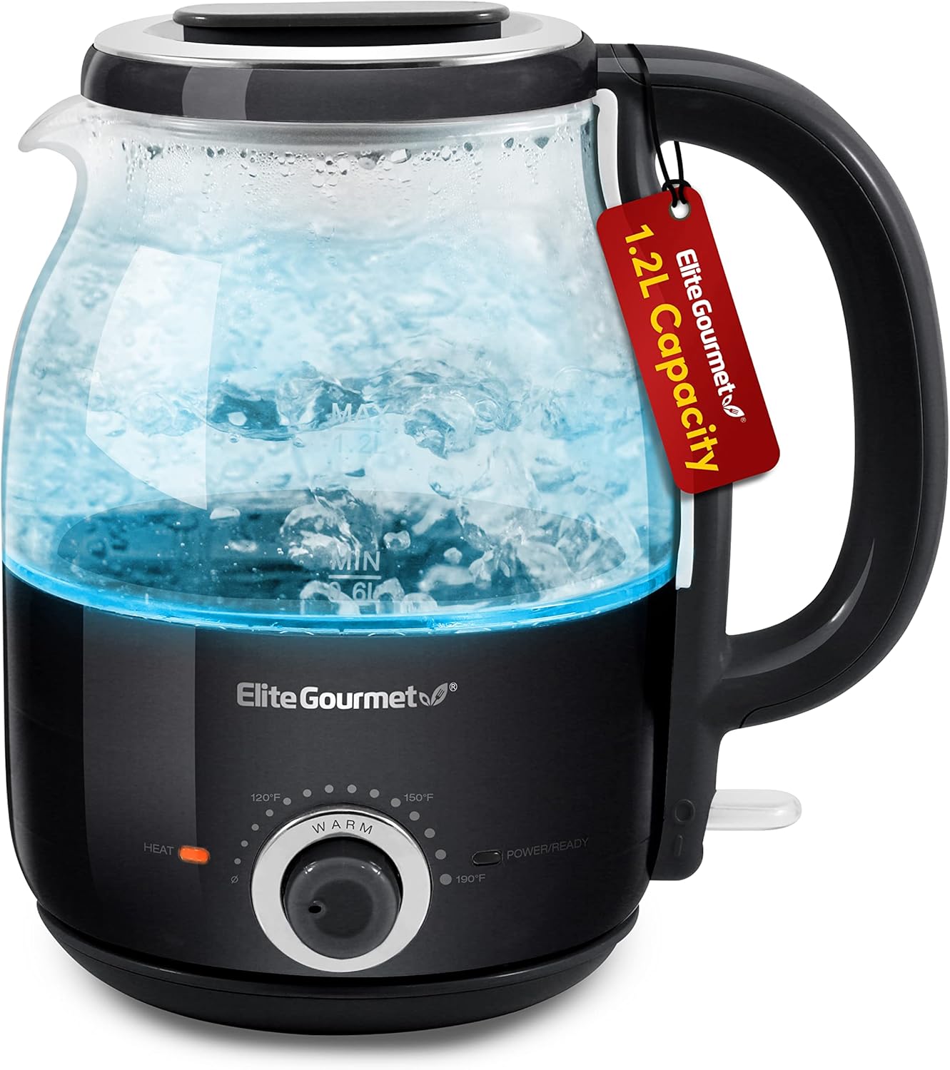 

EKT1220B 1.2L Electric Glass Kettle, 1200W, BPA-Free, Temperature Control, Cordless 360° Base, Blue LED, Auto Shut-Off, Black 1 3 Quarts чорний