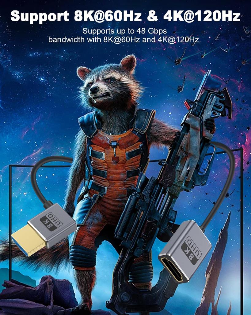 Duttek Right Angle HDMI Extension 1 Foot HDMI Left Angle Male To Female Cable for Dynamic and Ultra-Slim/Coaxial Cable, (48Gbps, 8K@60Hz, 4K@240Hz)