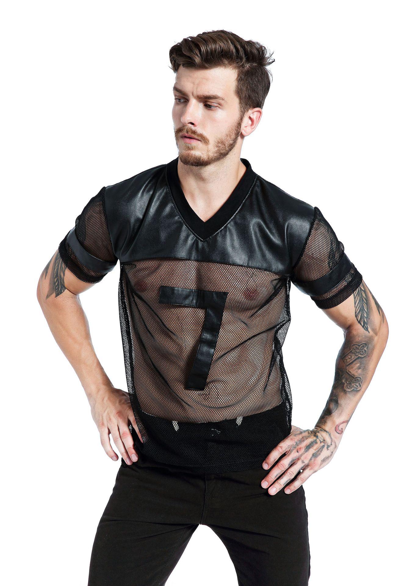 

Men s Faux Leather Breathable Mesh V-Neck Patchwork Sports T-shirt - FR013 Large чёрный