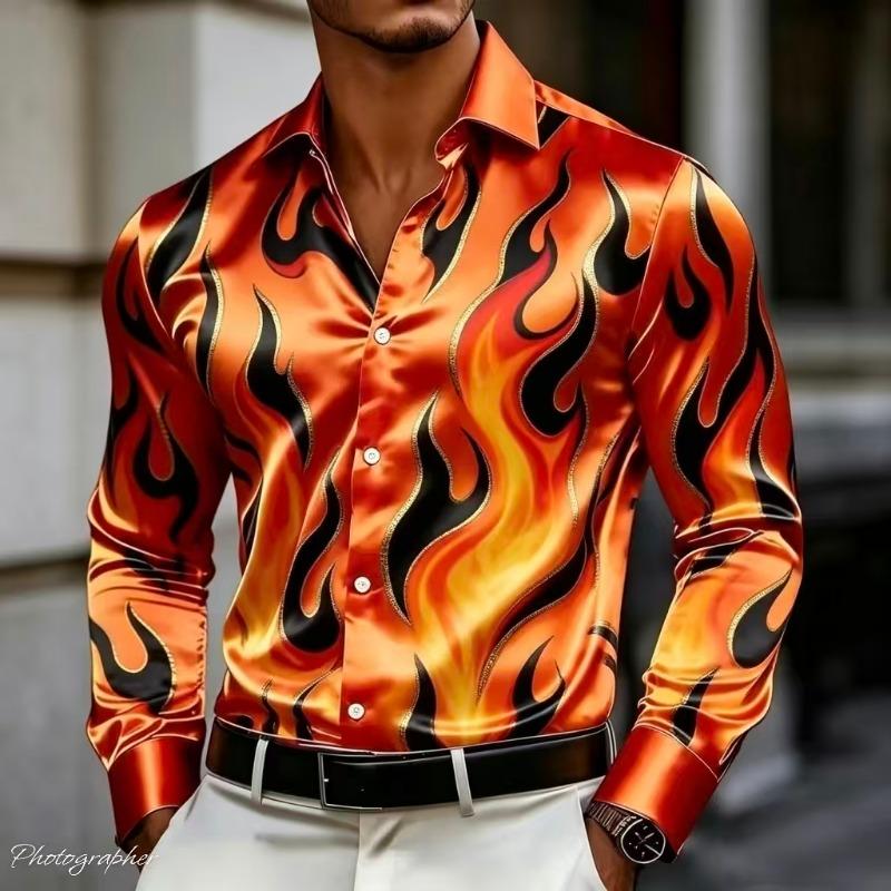 Camicia da uomo in raso di seta lussuosa con stampa fiamme manica lunga vestibilità slim comoda con bottoni top casual per feste di lavoro