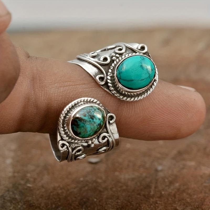 Vintage Boho Style Synthetic Faux Gemstone Ring with Zinc Alloy, Single Ring, Mosaic Design, Adjustable Band, Fashion Jewelry Accessory