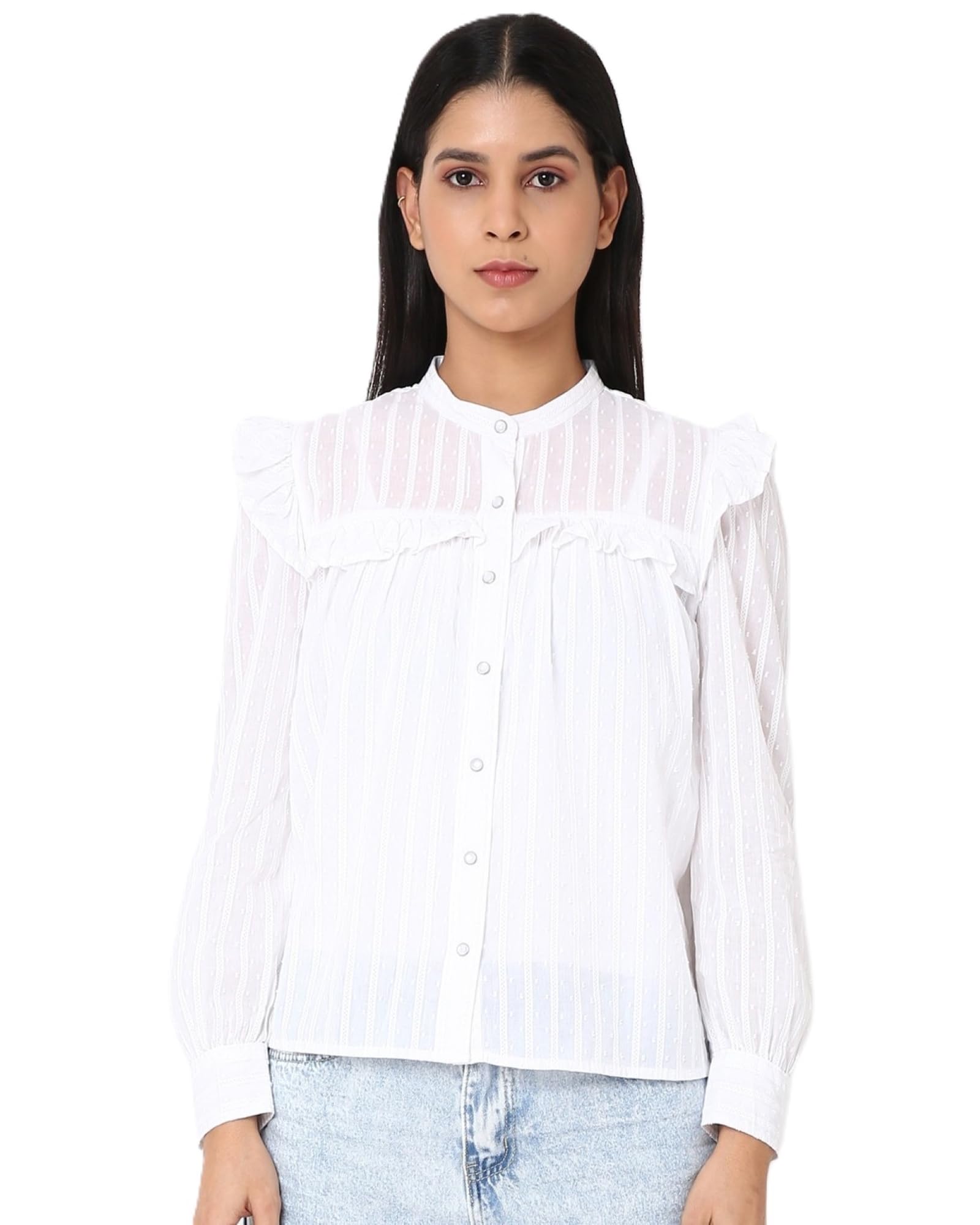 Levi s Blouse GIANNA Band Collar Ruffle Blouse Long Sleeve Women s A8688-0012 US M