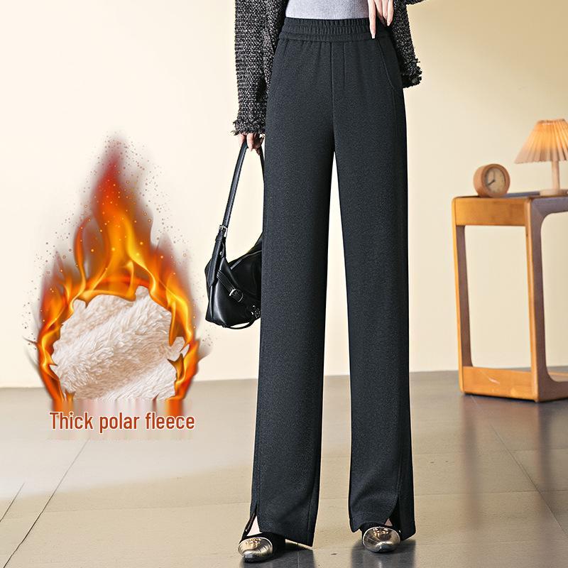 Women's Wool Blend Elastic Waist Pants: Straight, Narrow, and Wide Leg - Slimming, Plus Velvet, Plus Thick, Winter 2024 Style, Casual and Long.