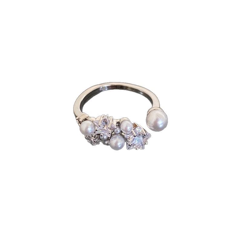 Sweet Fashion Unique Design Zircon Star & Pearl Open Ring - Light Luxury High-End Simple Index Finger Ring for Women