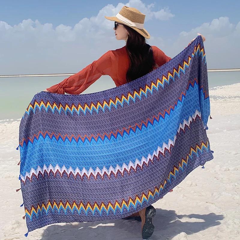Design Brand Women Scarf Sunscreen Cotton Shawls Dual-Use Summer Autumn Long Scarves Seaside Holiday Beach Towel Beachwear Veils