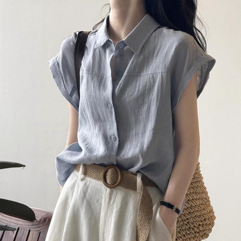 Women Solid Color Linen Blend Shirt Cap Sleeve Point Collar Loose Fit Casual Button Up Blouse