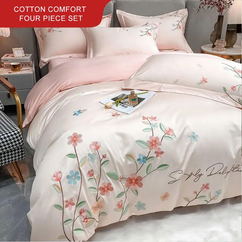 

4 шт./комплект, цветочная вышивка, тяжелая промышленность, хлопок, удобный комплект постельного белья из четырех предметов, легкая роскошная двуспальная простыня, пододеяльник, наволочка, комплект Twin 4 pcs светло-розовый