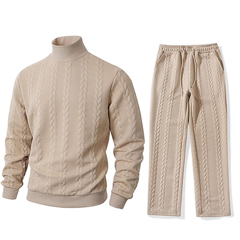 Autumn and Winter Sweater Knitwear Daily Solid Color Men's Fashion Jacquard Turtleneck Warm Top Set
