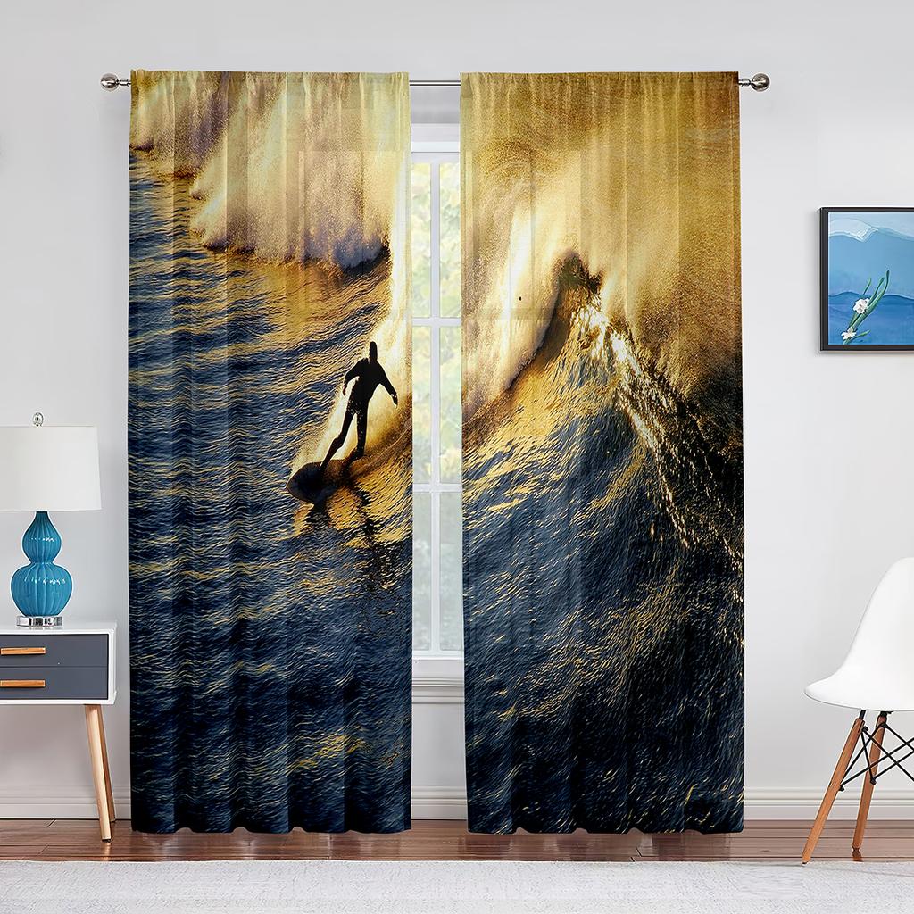 Ozeanwellen-Abenteuer Surfen Extremsport Tüllgardinen für Wohnzimmer Schlafzimmer Dekoration Transparente Voile-Fenstervorhänge Drapierungen