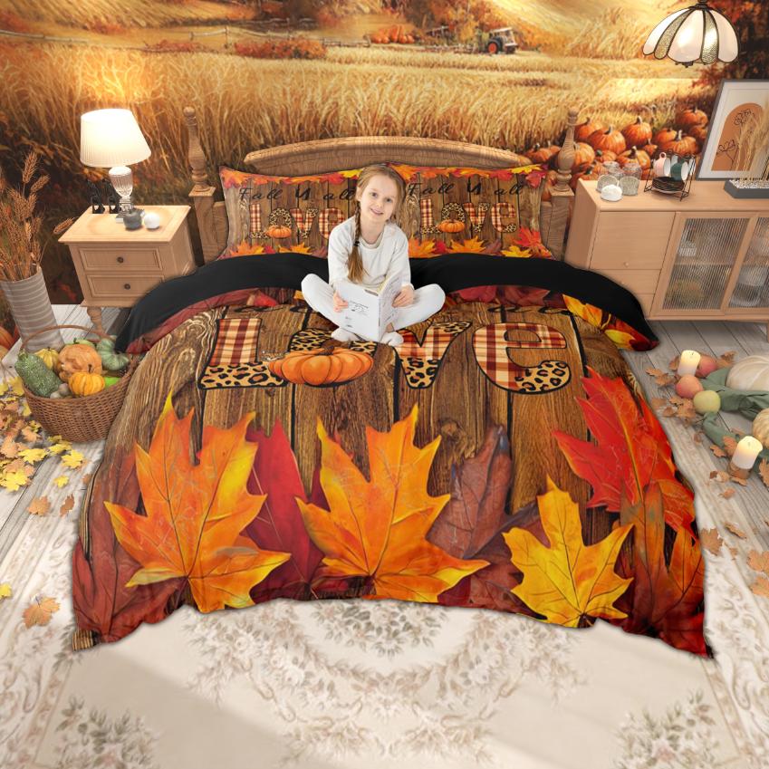 Homewish Fall Pumpkin Duvet Cover Set, Autumn Harvest Pllant Bedding Set, Thanksgiving Day Bedroom Set, Room Decor
