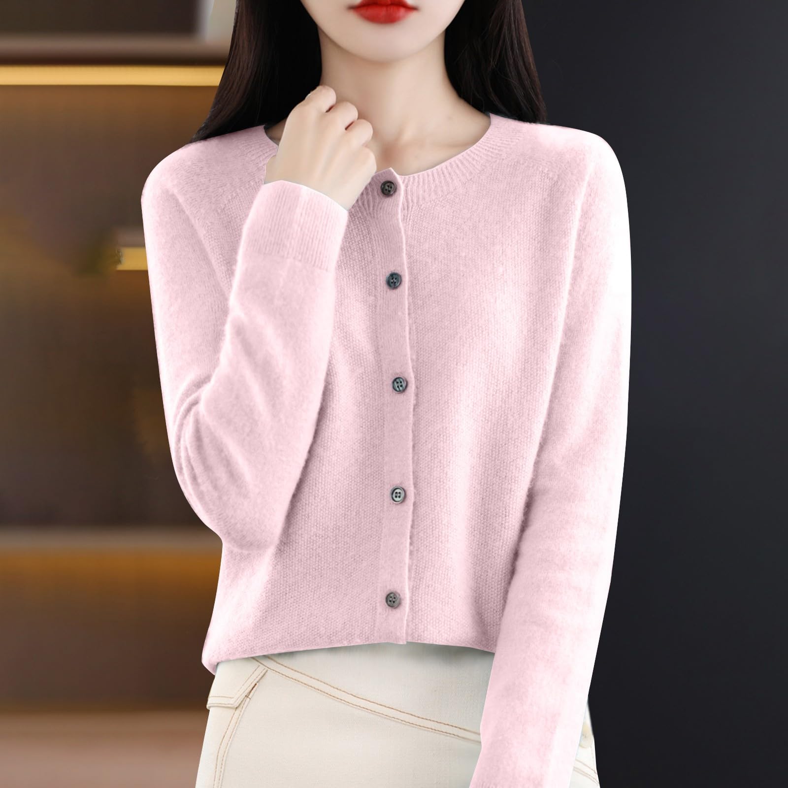 

Women s Fashion Solid-Color Fall/Winter Neck Cardigan Knit Sweater Loose-Fit Versatile Long-Sleeve Base Layer Sweater L розовый