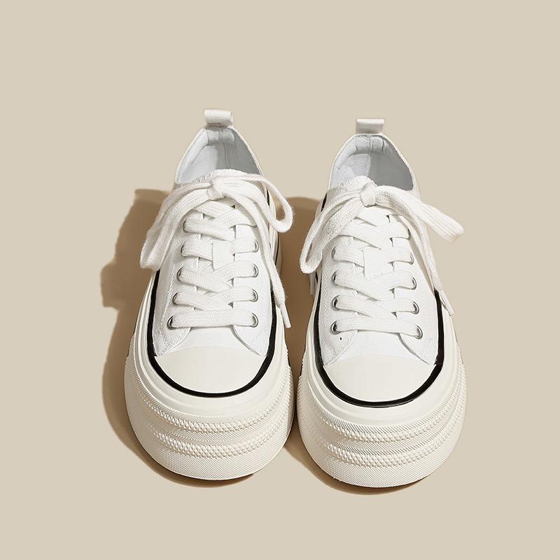 Platform Canvas Shoes Women's Casual Shoes Heightened Round Head Lace-up Low-top Board Shoes White Shoes Heightened