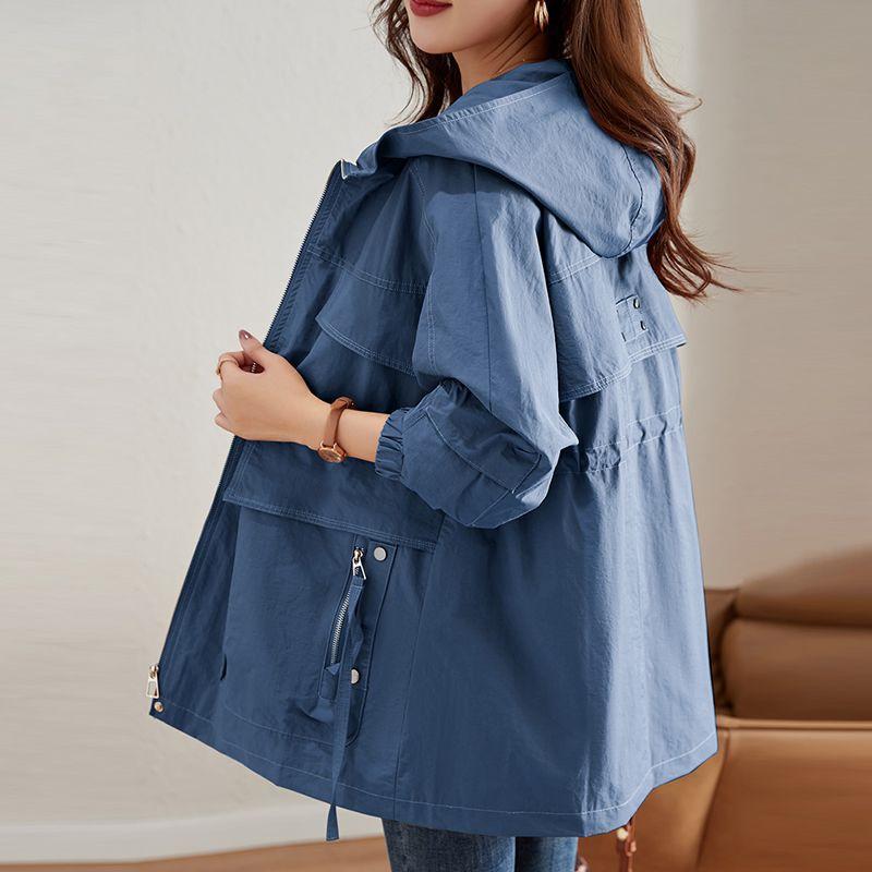 Mode Frühling Herbst Modische Plus Größe Frauen Mittlere Länge Windjacke Mantel Mit Kapuze Casual Weich Blau Schwarz Khaki