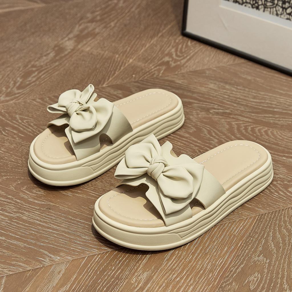 Leather slippers women's summer new fashion bow versatile thick-soled outer wear sponge cake beach cool slippers