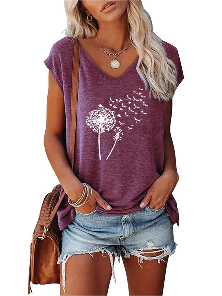 Women Fashion Printed Top Summer V Collar Tee Shirt Ladies Casual Short Sleeve T-shirt